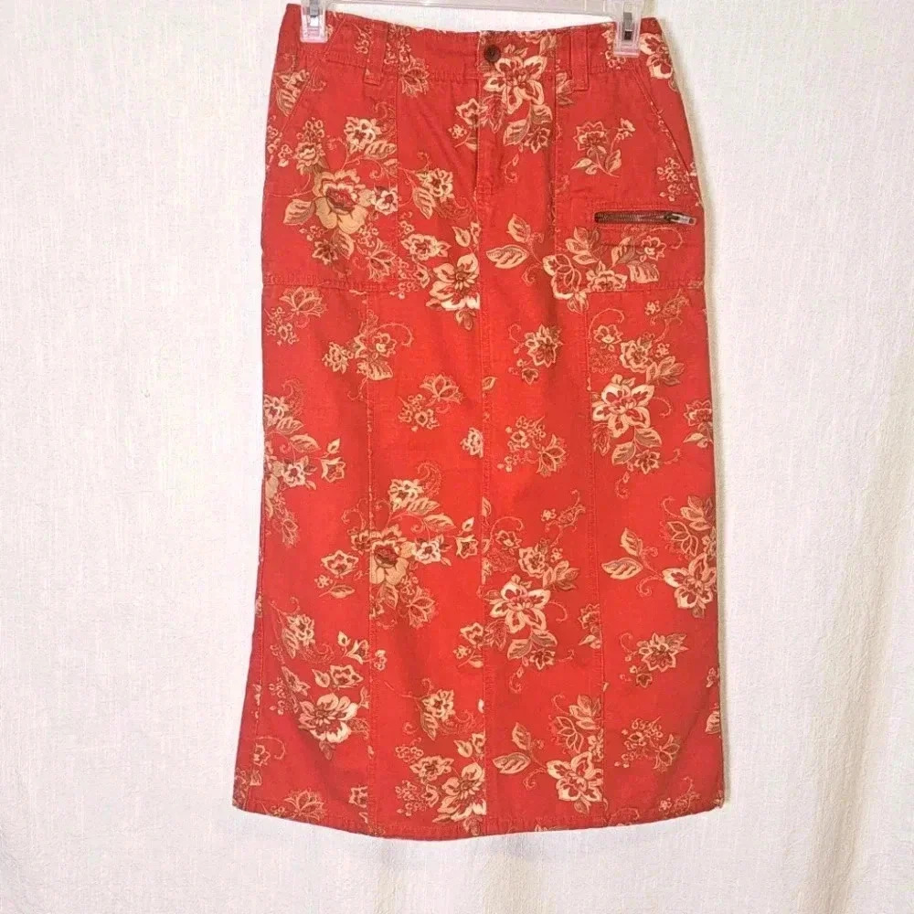 Eddie Bower Floral Skirt SZ 6 Red,Front/ Back Cargo Pockets,Peasant,Pairiecore
